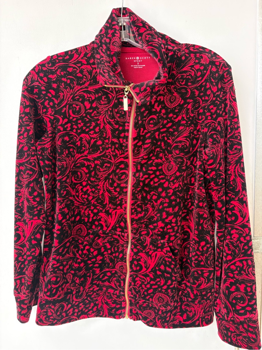 Karen Scott Sport Red Black Baroque Velour Zip Jacket S